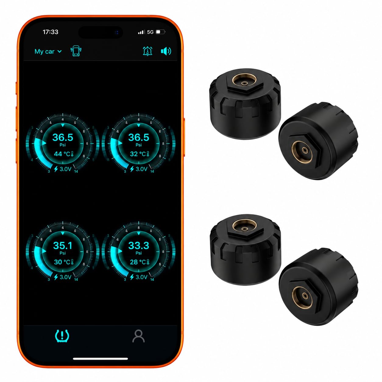 Hyphoon car TPMS with phone app and four external sensors