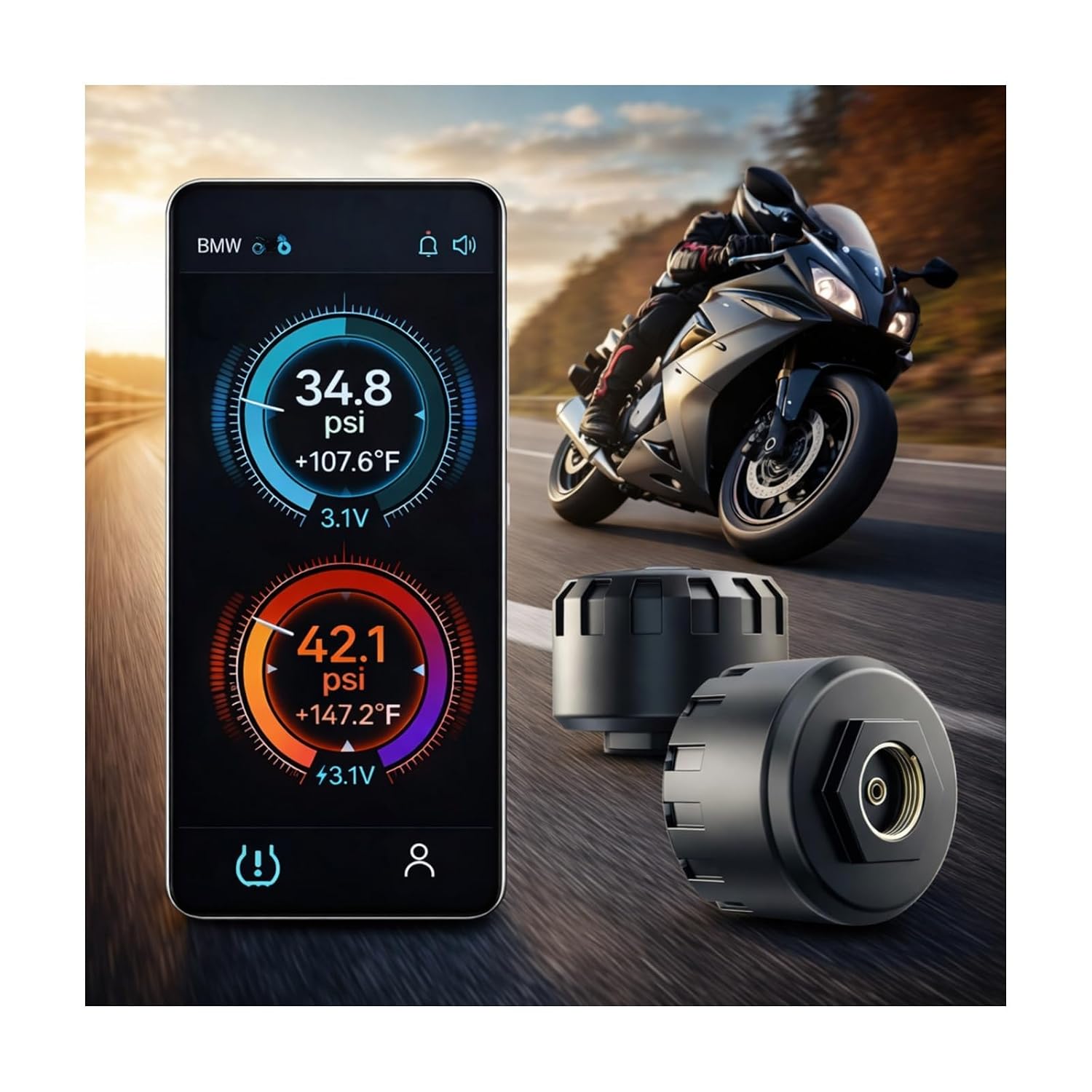 Hyphoon motorcycle tire pressure monitoring system in use