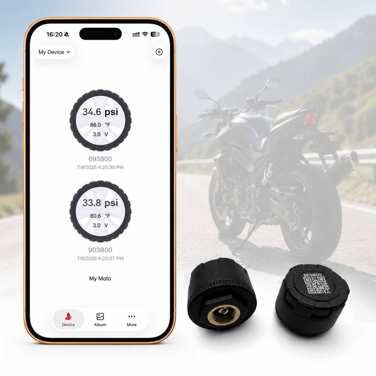 Hyphoon motorcycle TPMS with phone app and two external sensors