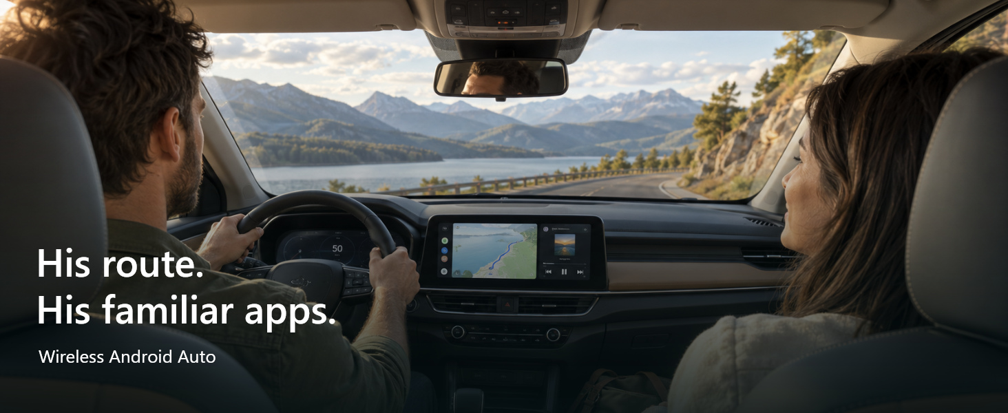 An Android Auto car display accompanies a shared journey.