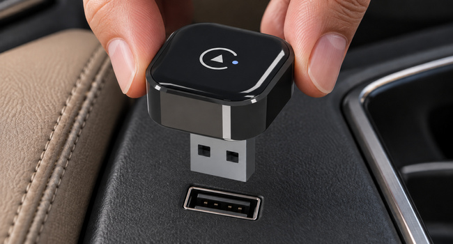 322M native USB-A male plug shown above the corresponding vehicle data socket before insertion.
