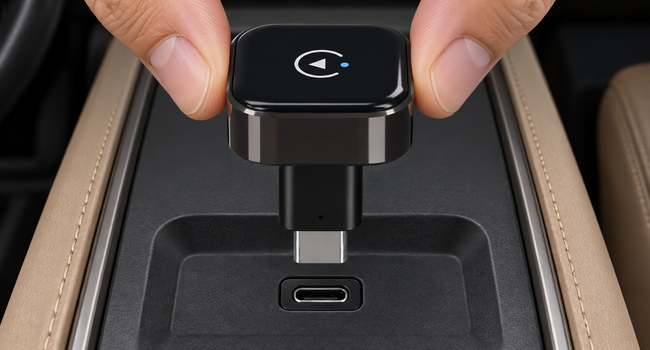 322M with its attached included USB-A female to USB-C male converter. The full converter body and its output plug are visible above the corresponding vehicle data socket before insertion.