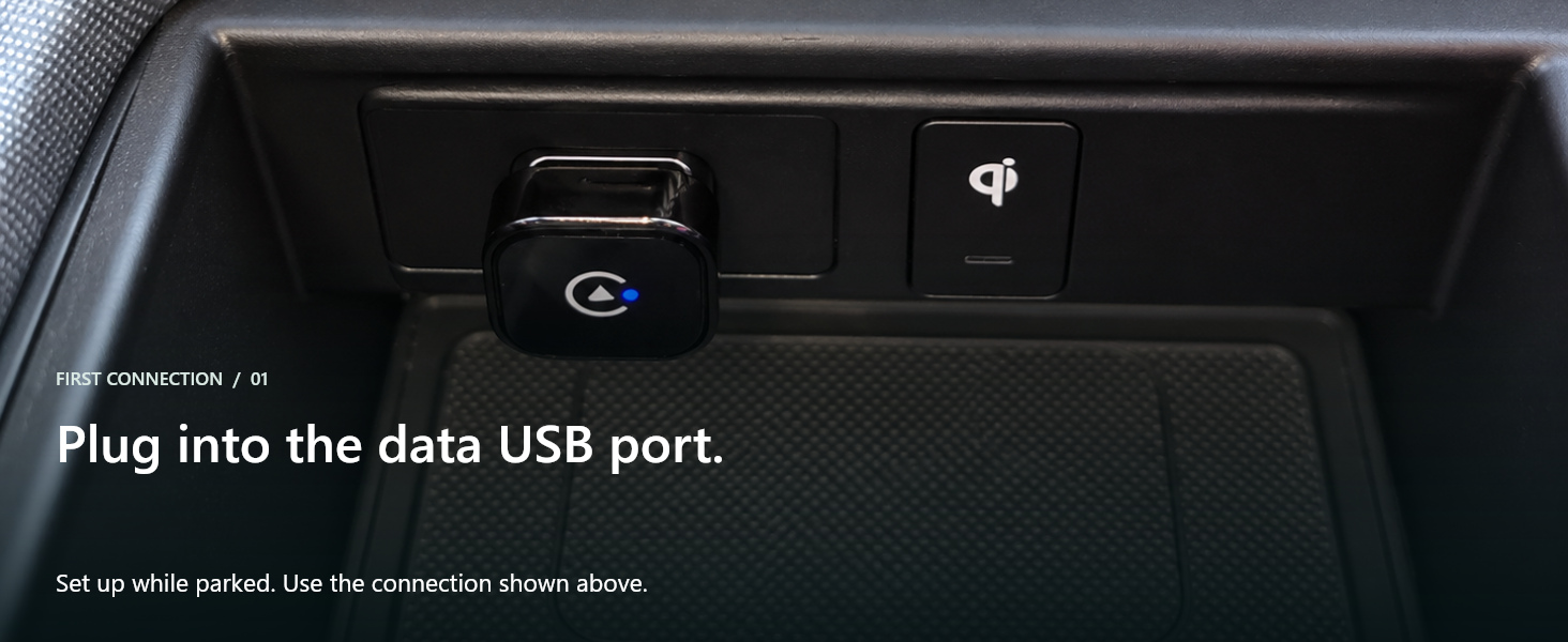 Adapter inserted into a vehicle data USB port.