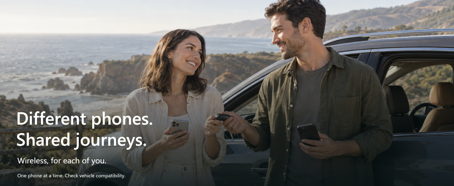 Two people with their phones exchange a car key beside a parked car.