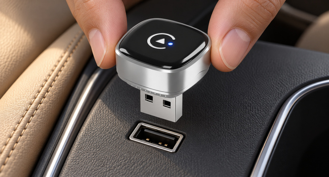 322S native USB-A male plug shown above the corresponding vehicle data socket before insertion.