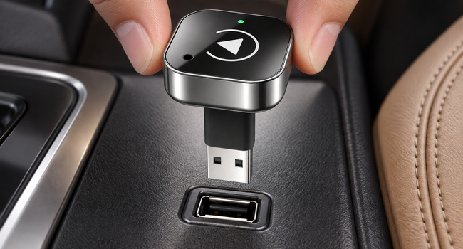 323C · NEW_PLAY with its attached included USB-C female to USB-A male converter. The full converter body and its output plug are visible above the corresponding vehicle data socket before insertion.