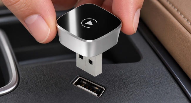 323L USB-A plug and vehicle USB-A socket visible before insertion.