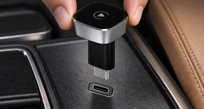 323L with its attached included USB-A female to USB-C male converter. The full converter body and its output plug are visible above the corresponding vehicle data socket before insertion.