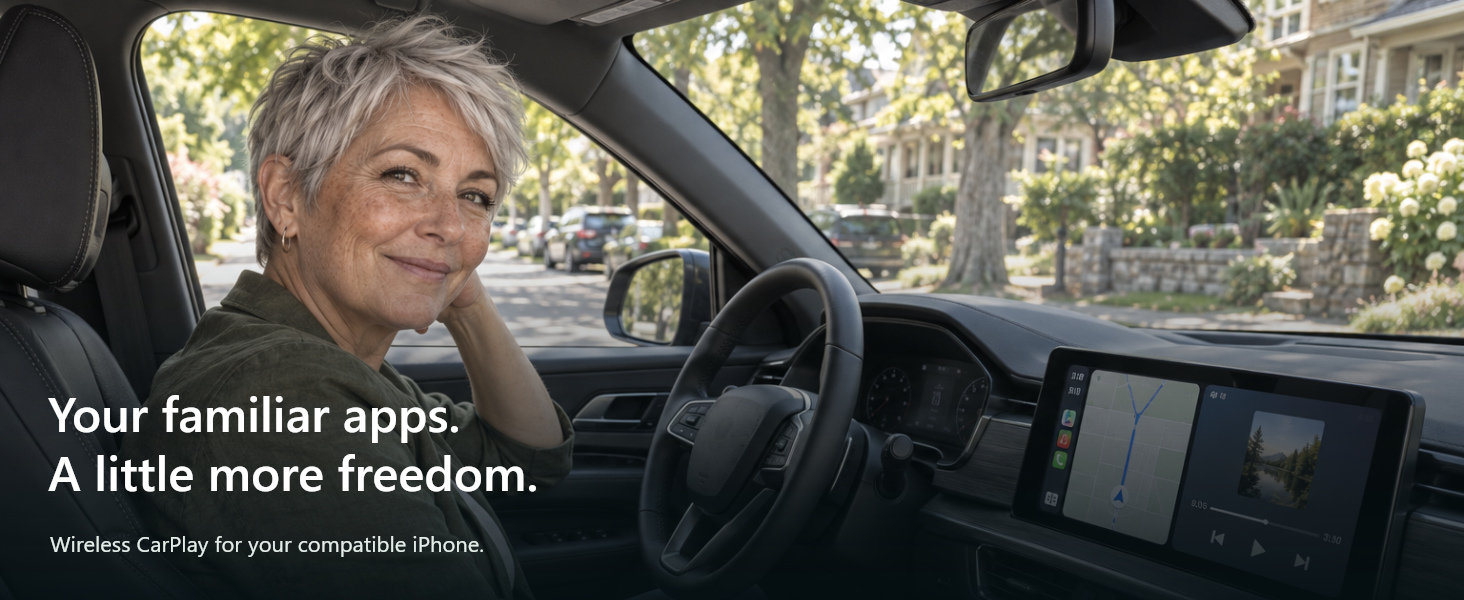A distinct adult in a parked car using CarPlay; illustrative screen.