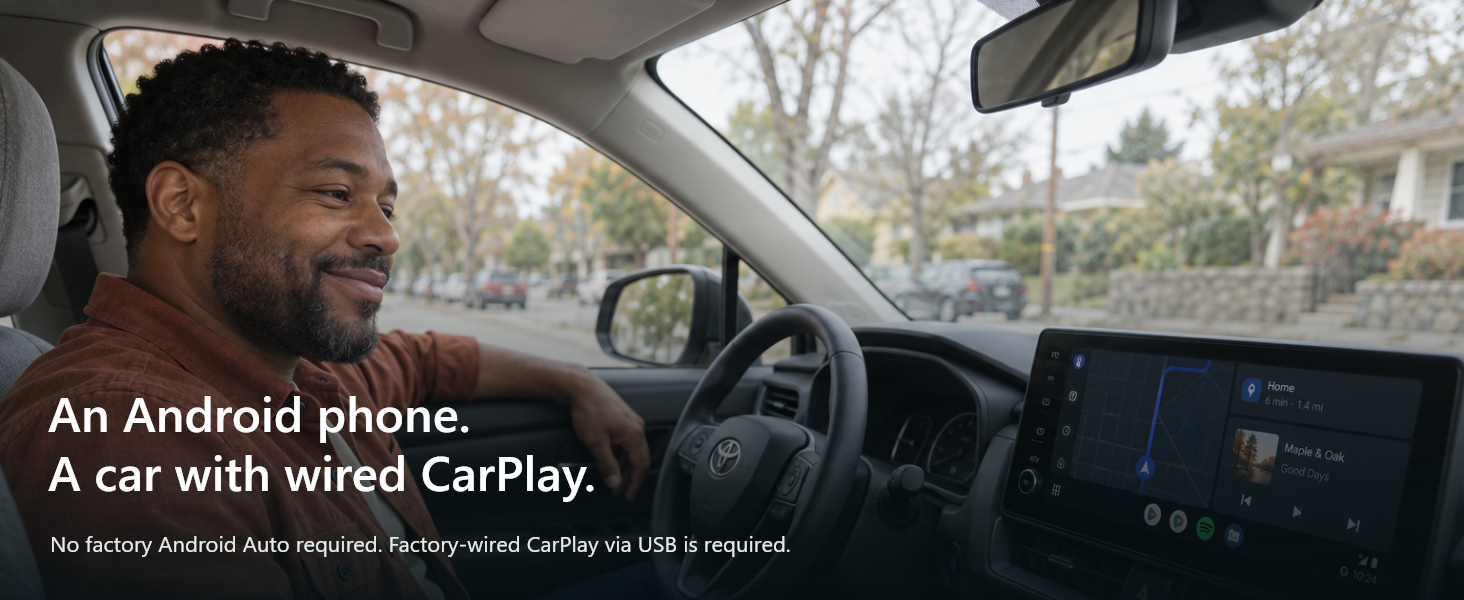 A distinct adult in a parked car using Android Auto; illustrative screen.