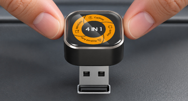 332M native USB-A plug aligned with the matching visible vehicle socket before insertion.