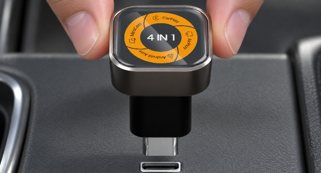 332M complete attached USB-C converter and plug aligned with the matching visible vehicle socket before insertion.