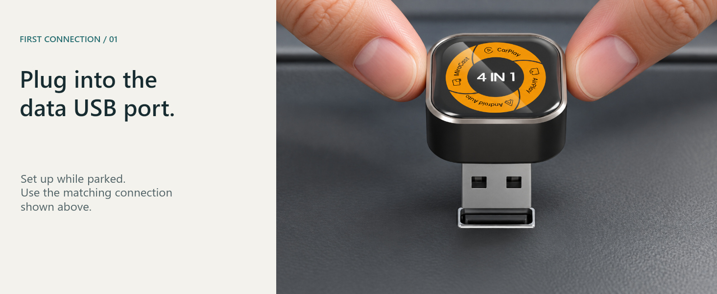 332M USB-A plug positioned before insertion into its matching vehicle data socket.