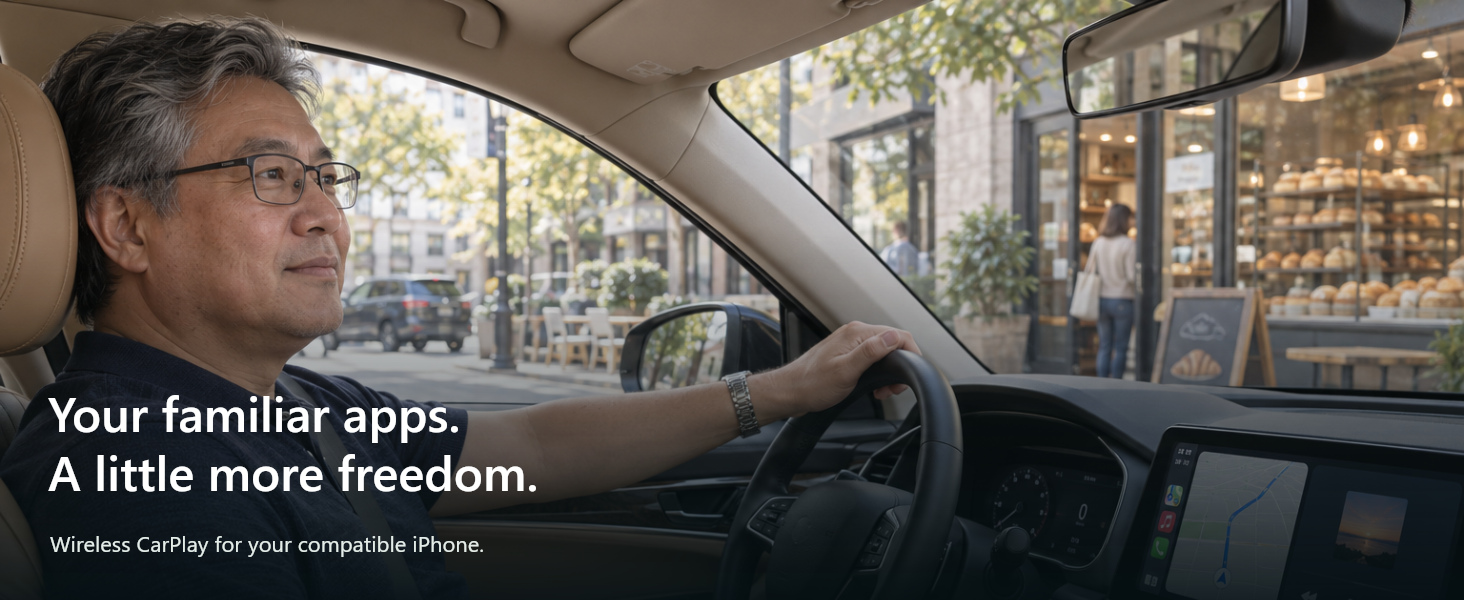 A distinct adult in a parked car using CarPlay; illustrative screen.