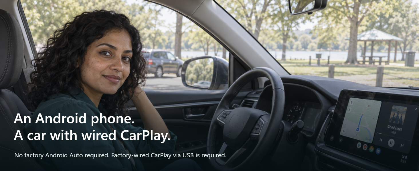 A distinct adult in a parked car using Android Auto; illustrative screen.