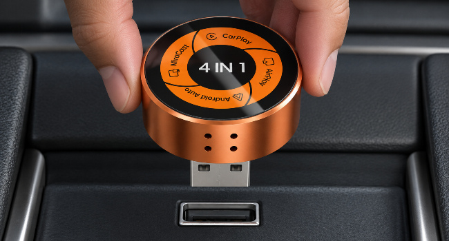332R native USB-A plug aligned with the matching visible vehicle socket before insertion.