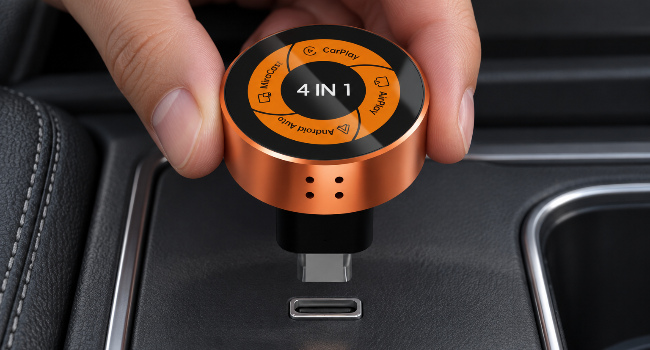 332R complete attached USB-C converter and plug aligned with the matching visible vehicle socket before insertion.