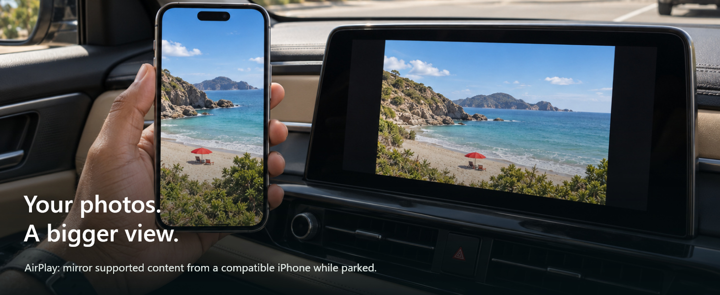 Phone and car display show the same personal photo while parked.