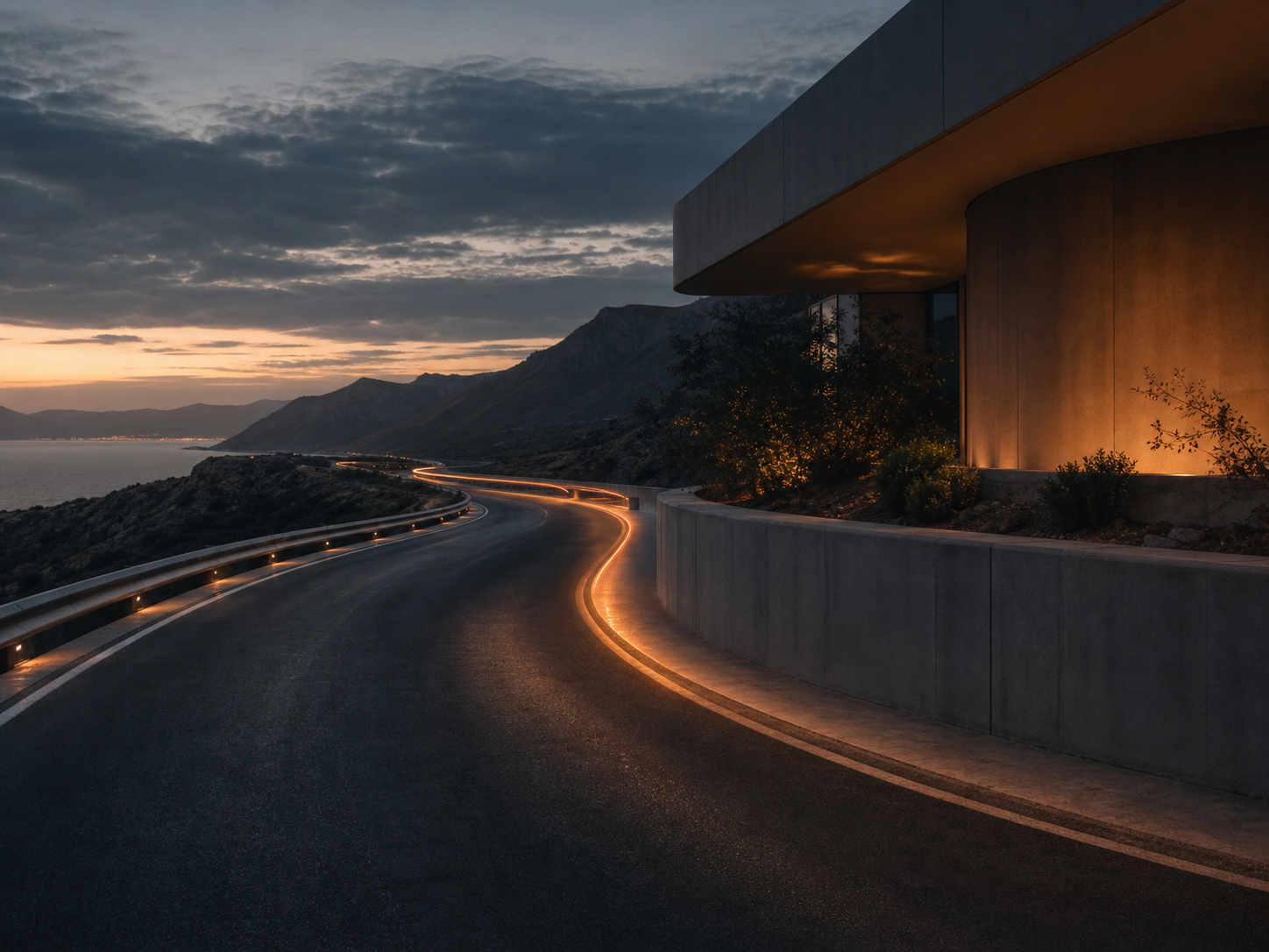 A quiet coastal road illuminated by a warm guiding light